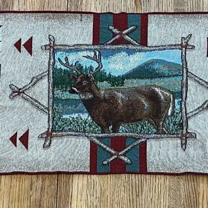 Rustic Retreat  Wildlife Tapestry Table Runner Deer Bear Salmon Geometric USA